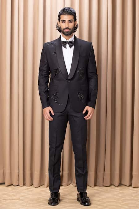 Buy_Ankit V Kapoor_Black Satin, Wool Embroidery Suiting Tuxedo And Pant Set _Online_at_Aza_Fashions