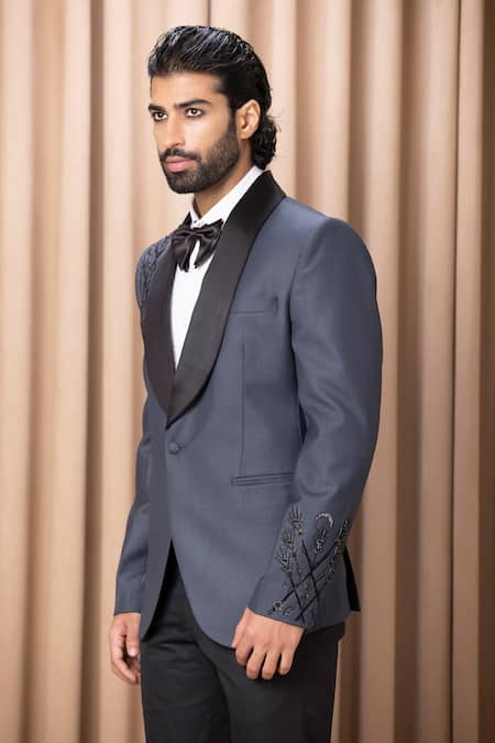 Ankit V Kapoor_Blue Satin, Wool Embroidery Hand Tuxedo Set _Online_at_Aza_Fashions