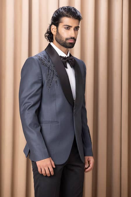 Buy_Ankit V Kapoor_Blue Satin, Wool Embroidery Hand Tuxedo Set _Online_at_Aza_Fashions
