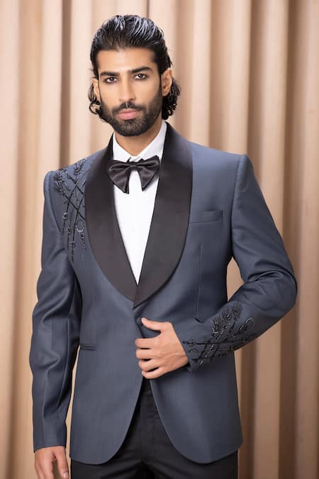Shop_Ankit V Kapoor_Blue Satin, Wool Embroidery Hand Tuxedo Set _Online_at_Aza_Fashions