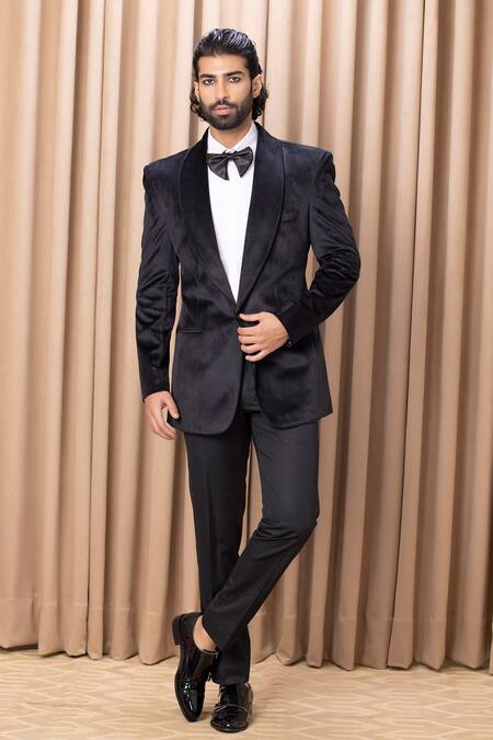 Ankit V Kapoor_Black Suede, Wool Embroidery Shawl Collar Tuxedo Set _Online_at_Aza_Fashions