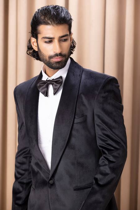 Buy_Ankit V Kapoor_Black Suede, Wool Embroidery Shawl Collar Tuxedo Set _Online_at_Aza_Fashions