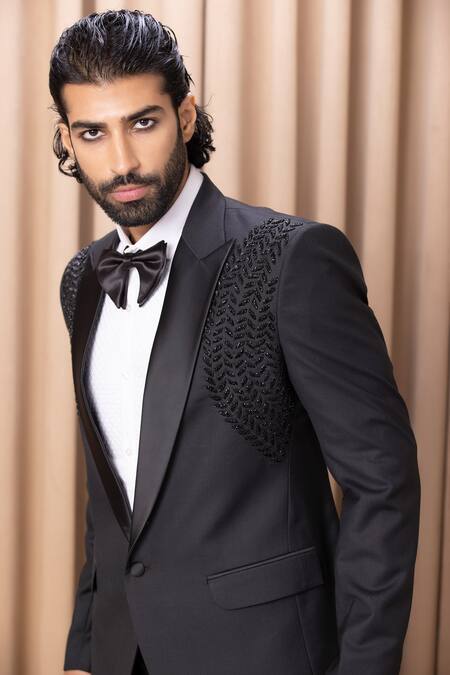 Buy_Ankit V Kapoor_Black Satin, Wool Embroidery Peak Lapel Tuxedo And Pant Set _Online_at_Aza_Fashions