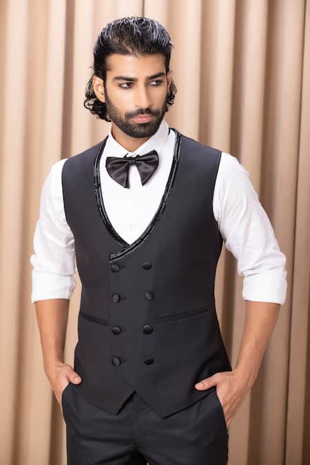 Ankit V Kapoor_Black Satin, Wool, Suede Embroidery Peak Lapel Tuxedo Pant Set _Online_at_Aza_Fashions