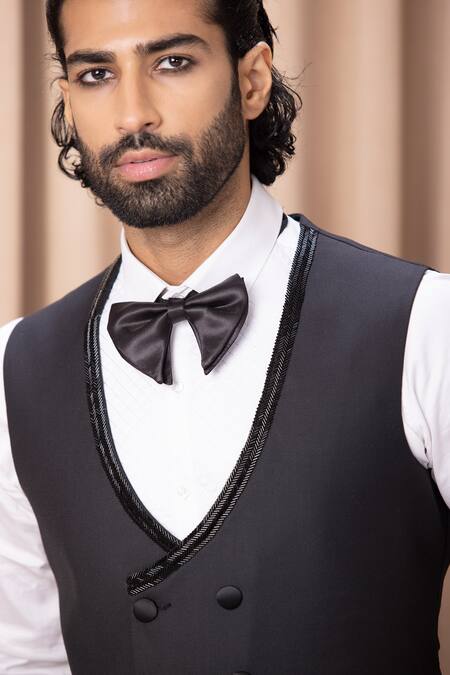Buy_Ankit V Kapoor_Black Satin, Wool, Suede Embroidery Peak Lapel Tuxedo Pant Set _Online_at_Aza_Fashions