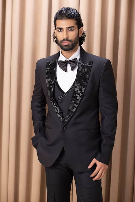 Shop_Ankit V Kapoor_Black Satin, Wool, Suede Embroidery Peak Lapel Tuxedo Pant Set _Online_at_Aza_Fashions