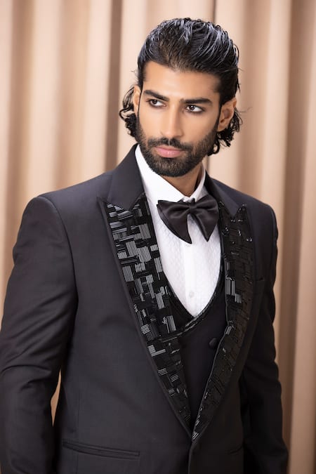 Ankit V Kapoor_Black Satin, Wool, Suede Embroidery Peak Lapel Tuxedo Pant Set _at_Aza_Fashions
