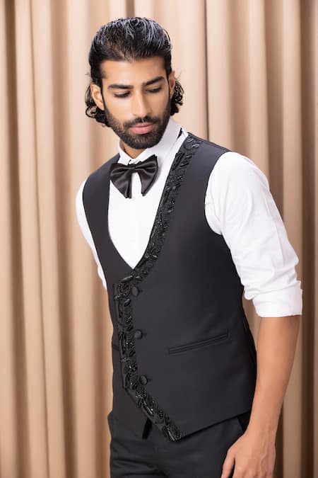 Buy_Ankit V Kapoor_Black Wool, Satin Embroidery Shawl Collar Tuxedo Set _Online_at_Aza_Fashions