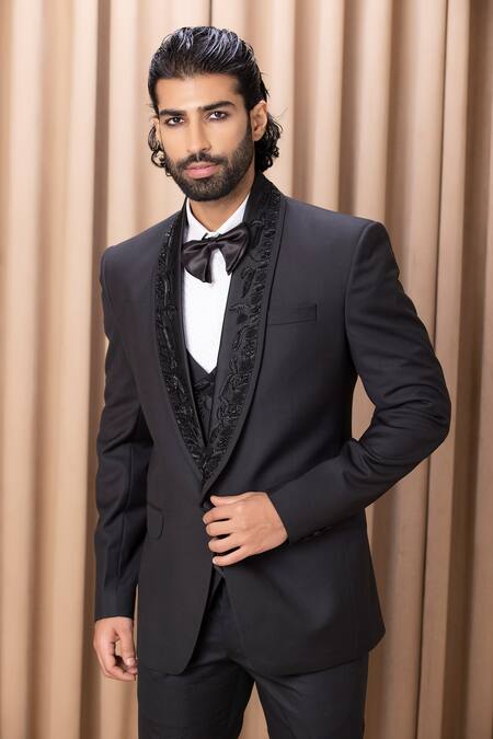 Shop_Ankit V Kapoor_Black Wool, Satin Embroidery Shawl Collar Tuxedo Set _Online_at_Aza_Fashions