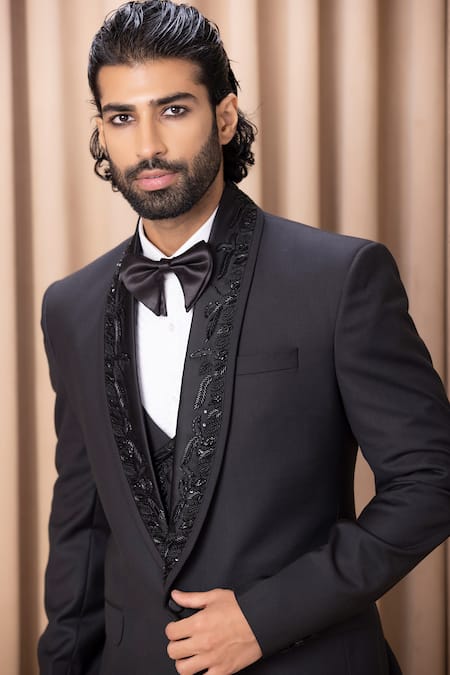 Ankit V Kapoor_Black Wool, Satin Embroidery Shawl Collar Tuxedo Set _at_Aza_Fashions