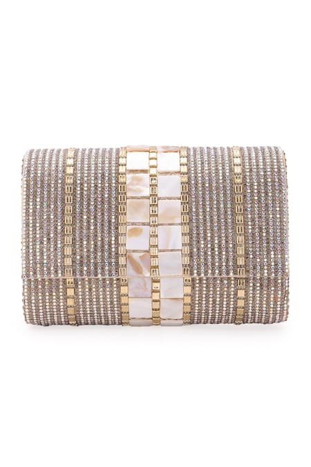5elements_Gold Embroidery Stripe Clutch _Online_at_Aza_Fashions