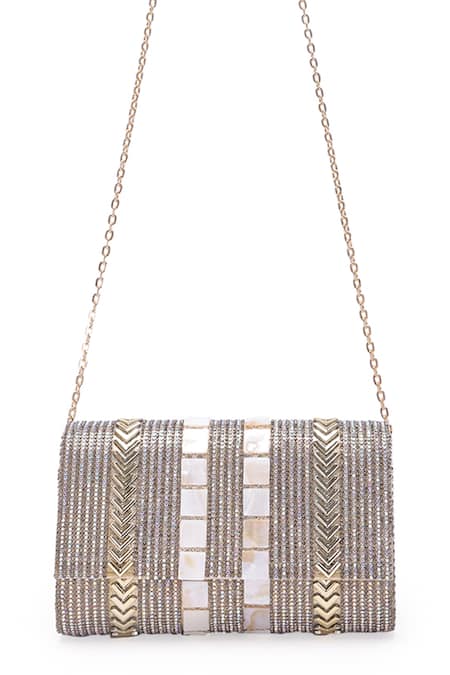 Buy_5elements_Gold Embroidery Crystal Clutch _Online_at_Aza_Fashions
