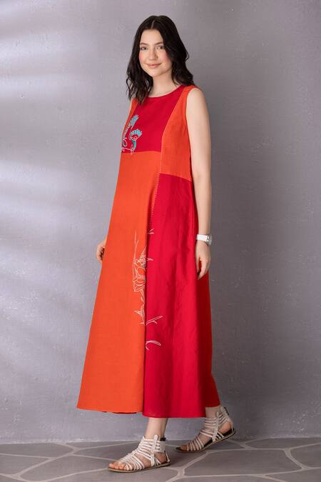 Tanu Malhotra Red Cotton, Linen Embroidery Round Neck Flared Colour Block Dress Online at Aza Fashions Tanu Malhotra_Red Cotton, Linen Embroidery Round Neck Flared Colour Block Dress _Online_at_Aza_Fashions