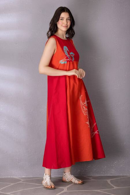 Buy Tanu Malhotra Red Cotton, Linen Embroidery Round Neck Flared Colour Block Dress Online at Aza Fashions Buy_Tanu Malhotra_Red Cotton, Linen Embroidery Round Neck Flared Colour Block Dress _Online_at_Aza_Fashions