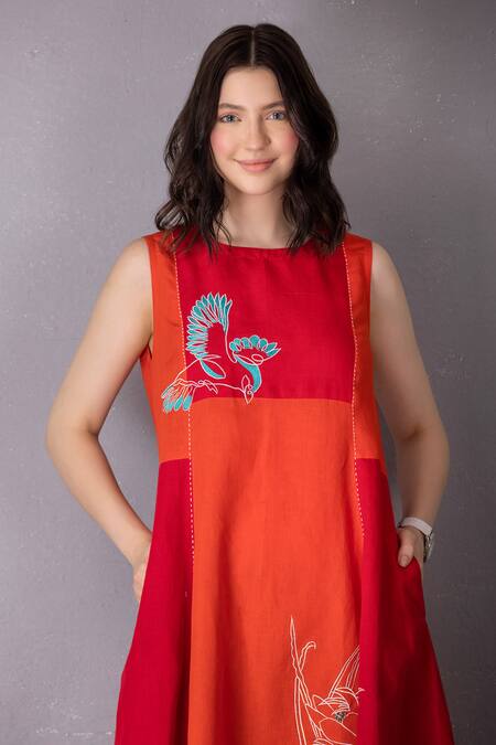 Shop Tanu Malhotra Red Cotton, Linen Embroidery Round Neck Flared Colour Block Dress Online at Aza Fashions Shop_Tanu Malhotra_Red Cotton, Linen Embroidery Round Neck Flared Colour Block Dress _Online_at_Aza_Fashions