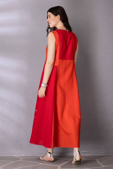 Tanu Malhotra Red Cotton, Linen Embroidery Round Neck Flared Colour Block Dress at Aza Fashions Tanu Malhotra_Red Cotton, Linen Embroidery Round Neck Flared Colour Block Dress _at_Aza_Fashions