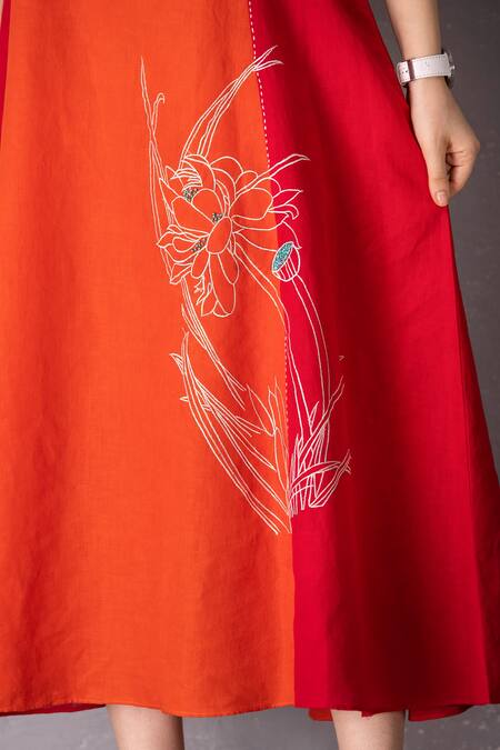 Buy Tanu Malhotra Red Cotton, Linen Embroidery Round Neck Flared Colour Block Dress Buy_Tanu Malhotra_Red Cotton, Linen Embroidery Round Neck Flared Colour Block Dress