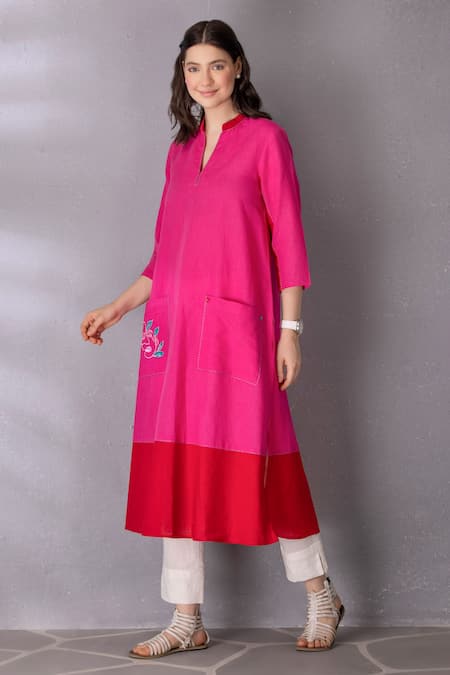 Tanu Malhotra_Pink Cotton, Linen Embroidery Mandarin Placed Abstract Face Tunic With Pant _Online_at_Aza_Fashions