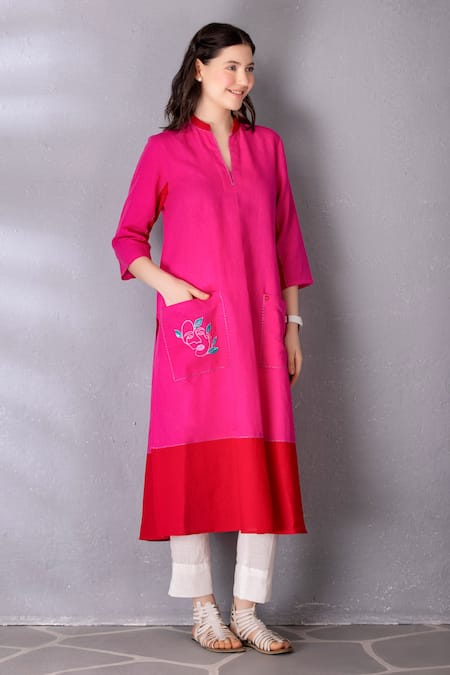 Buy_Tanu Malhotra_Pink Cotton, Linen Embroidery Mandarin Placed Abstract Face Tunic With Pant _Online_at_Aza_Fashions