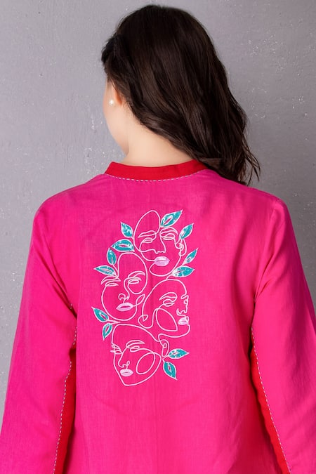 Shop_Tanu Malhotra_Pink Cotton, Linen Embroidery Mandarin Placed Abstract Face Tunic With Pant _Online_at_Aza_Fashions