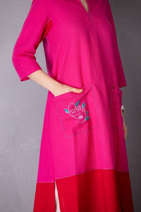 Tanu Malhotra_Pink Cotton, Linen Embroidery Mandarin Placed Abstract Face Tunic With Pant _at_Aza_Fashions