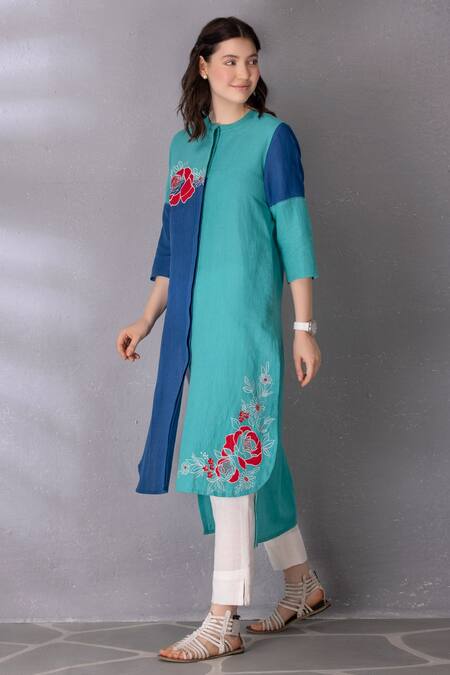 Tanu Malhotra_Blue Cotton, Linen Embroidery High Low Colour Block Tunic And Pant Set _Online_at_Aza_Fashions