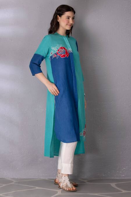 Buy_Tanu Malhotra_Blue Cotton, Linen Embroidery High Low Colour Block Tunic And Pant Set _Online_at_Aza_Fashions