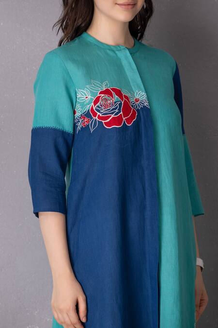 Shop_Tanu Malhotra_Blue Cotton, Linen Embroidery High Low Colour Block Tunic And Pant Set _Online_at_Aza_Fashions