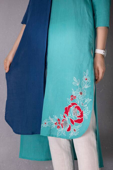 Tanu Malhotra_Blue Cotton, Linen Embroidery High Low Colour Block Tunic And Pant Set _at_Aza_Fashions