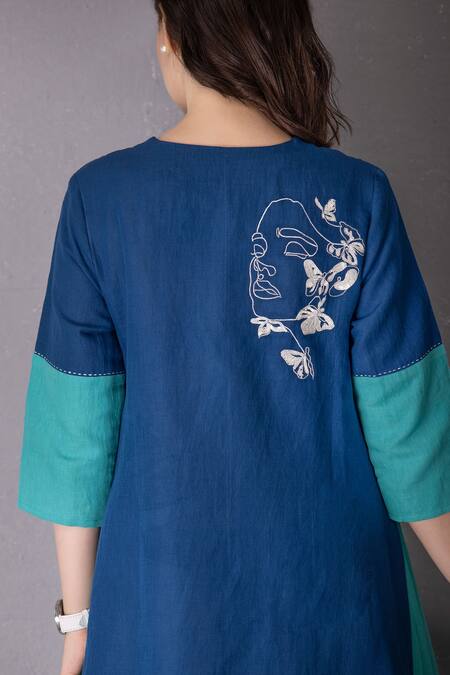 Buy Tanu Malhotra Blue Cotton, Linen Embroidery Round Neck Placed Face Pattern Tunic And Pant Set Online at Aza Fashions Buy_Tanu Malhotra_Blue Cotton, Linen Embroidery Round Neck Placed Face Pattern Tunic And Pant Set _Online_at_Aza_Fashions