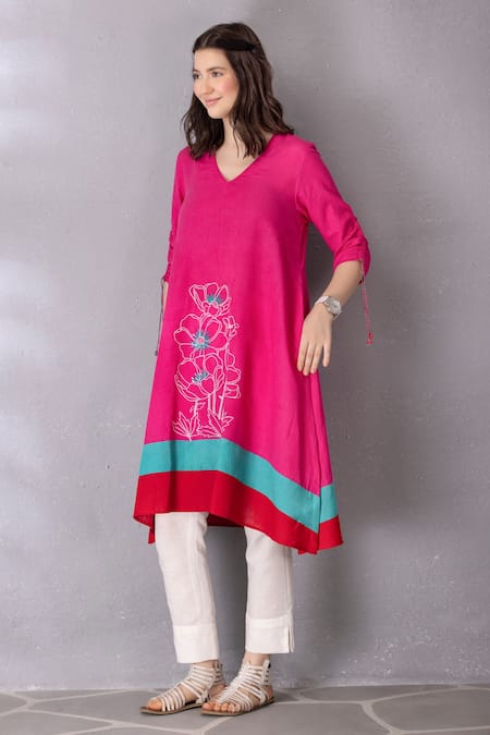 Tanu Malhotra_Pink Cotton, Linen Embroidery V-neck High Low Tunic With Pant _Online_at_Aza_Fashions