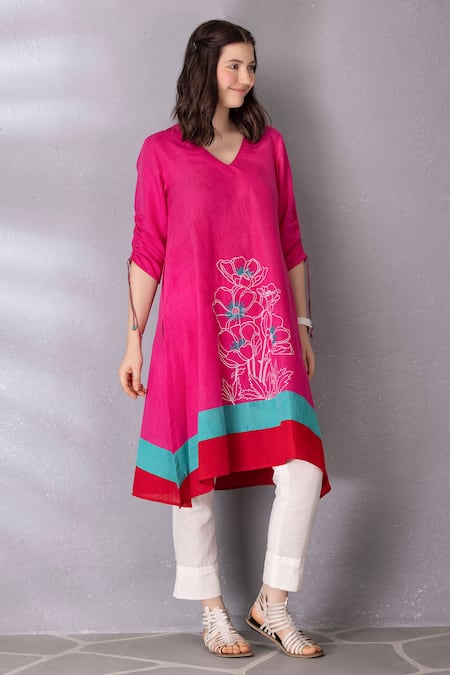 Buy_Tanu Malhotra_Pink Cotton, Linen Embroidery V-neck High Low Tunic With Pant _Online_at_Aza_Fashions