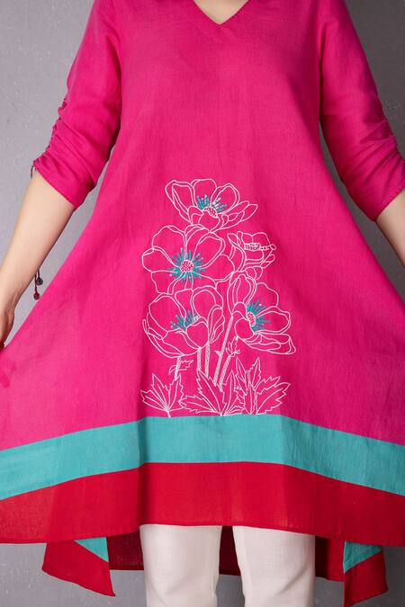 Shop_Tanu Malhotra_Pink Cotton, Linen Embroidery V-neck High Low Tunic With Pant _Online_at_Aza_Fashions