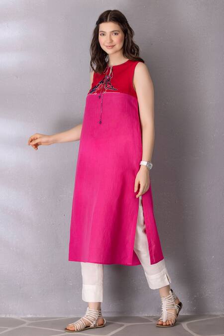 Tanu Malhotra Pink Cotton, Linen Embroidery Keyhole Colour Block Straight Tunic And Pant Set Online at Aza Fashions Tanu Malhotra_Pink Cotton, Linen Embroidery Keyhole Colour Block Straight Tunic And Pant Set _Online_at_Aza_Fashions