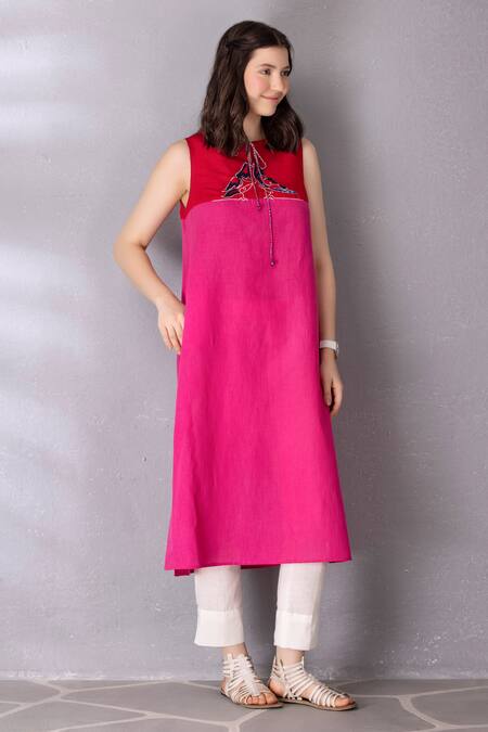 Buy Tanu Malhotra Pink Cotton, Linen Embroidery Keyhole Colour Block Straight Tunic And Pant Set Online at Aza Fashions Buy_Tanu Malhotra_Pink Cotton, Linen Embroidery Keyhole Colour Block Straight Tunic And Pant Set _Online_at_Aza_Fashions