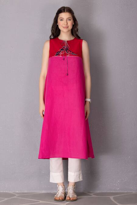 Shop Tanu Malhotra Pink Cotton, Linen Embroidery Keyhole Colour Block Straight Tunic And Pant Set Online at Aza Fashions Shop_Tanu Malhotra_Pink Cotton, Linen Embroidery Keyhole Colour Block Straight Tunic And Pant Set _Online_at_Aza_Fashions