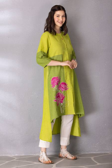 Buy Tanu Malhotra Green Cotton, Linen Embroidery, Applique Placed Lotus Pattern Tunic With Pant Online at Aza Fashions Buy_Tanu Malhotra_Green Cotton, Linen Embroidery, Applique Placed Lotus Pattern Tunic With Pant _Online_at_Aza_Fashions