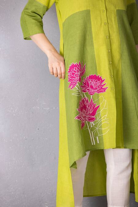 Shop Tanu Malhotra Green Cotton, Linen Embroidery, Applique Placed Lotus Pattern Tunic With Pant Online at Aza Fashions Shop_Tanu Malhotra_Green Cotton, Linen Embroidery, Applique Placed Lotus Pattern Tunic With Pant _Online_at_Aza_Fashions