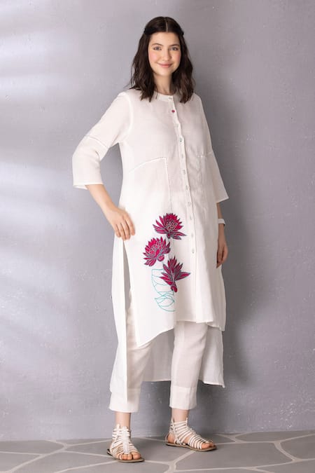 Buy Tanu Malhotra White Cotton, Linen Embroidery Collared Straight High Low Tunic With Pant Online at Aza Fashions Buy_Tanu Malhotra_White Cotton, Linen Embroidery Collared Straight High Low Tunic With Pant _Online_at_Aza_Fashions