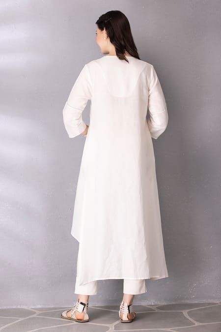 Shop Tanu Malhotra White Cotton, Linen Embroidery Collared Straight High Low Tunic With Pant Online at Aza Fashions Shop_Tanu Malhotra_White Cotton, Linen Embroidery Collared Straight High Low Tunic With Pant _Online_at_Aza_Fashions