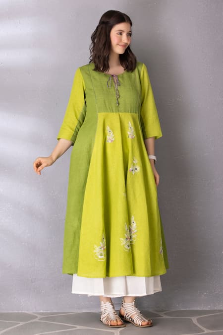 Buy Tanu Malhotra Green Cotton, Linen Embroidery Keyhole Neck Colour Block Tunic And Pant Set Online at Aza Fashions Buy_Tanu Malhotra_Green Cotton, Linen Embroidery Keyhole Neck Colour Block Tunic And Pant Set _Online_at_Aza_Fashions
