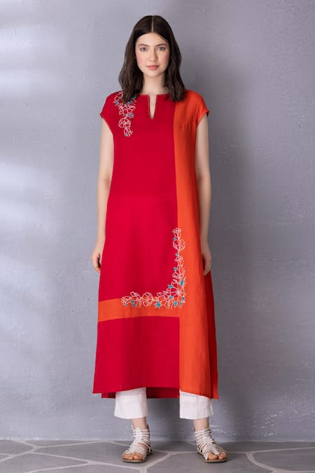 Buy Tanu Malhotra Red Cotton, Linen Embroidery Button-down Neck Colour Block Tunic With Pant Online at Aza Fashions Buy_Tanu Malhotra_Red Cotton, Linen Embroidery Button-down Neck Colour Block Tunic With Pant _Online_at_Aza_Fashions