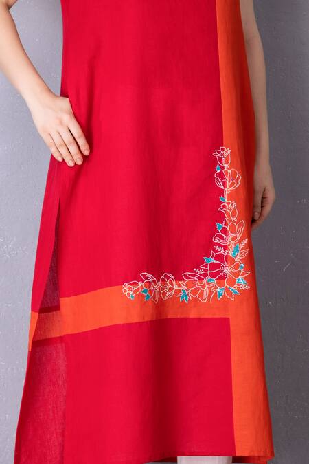 Shop Tanu Malhotra Red Cotton, Linen Embroidery Button-down Neck Colour Block Tunic With Pant Online at Aza Fashions Shop_Tanu Malhotra_Red Cotton, Linen Embroidery Button-down Neck Colour Block Tunic With Pant _Online_at_Aza_Fashions