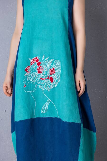 Tanu Malhotra Blue Cotton, Linen Embroidery Round Neck Flared Colour Block Dress Online at Aza Fashions Tanu Malhotra_Blue Cotton, Linen Embroidery Round Neck Flared Colour Block Dress _Online_at_Aza_Fashions