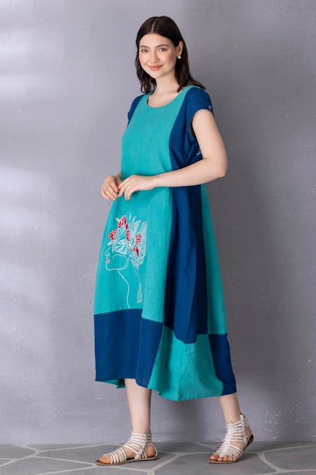 Buy Tanu Malhotra Blue Cotton, Linen Embroidery Round Neck Flared Colour Block Dress Online at Aza Fashions Buy_Tanu Malhotra_Blue Cotton, Linen Embroidery Round Neck Flared Colour Block Dress _Online_at_Aza_Fashions