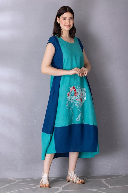Shop Tanu Malhotra Blue Cotton, Linen Embroidery Round Neck Flared Colour Block Dress Online at Aza Fashions Shop_Tanu Malhotra_Blue Cotton, Linen Embroidery Round Neck Flared Colour Block Dress _Online_at_Aza_Fashions