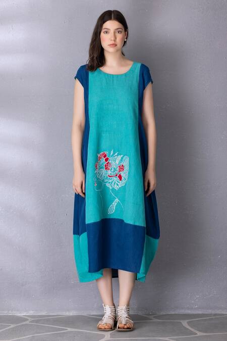 Tanu Malhotra Blue Cotton, Linen Embroidery Round Neck Flared Colour Block Dress at Aza Fashions Tanu Malhotra_Blue Cotton, Linen Embroidery Round Neck Flared Colour Block Dress _at_Aza_Fashions