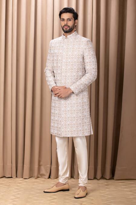 Ankit V Kapoor_Beige Silk, Cotton Embroidery Imran Geometric Sherwani Set _Online_at_Aza_Fashions