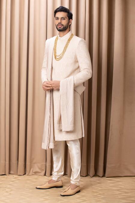 Ankit V Kapoor_Beige Silk, Cotton Embroidery Faizan Sherwani Set With Stole _Online_at_Aza_Fashions