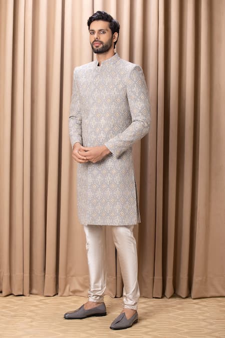 Ankit V Kapoor_Grey Silk, Cotton Cut Work, Sequins Shah Embroidered Sherwani Set With Stole _Online_at_Aza_Fashions